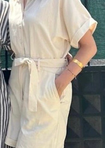 Kadın Bej Kısa Kollu Kemerli Tulum - Görsel 4