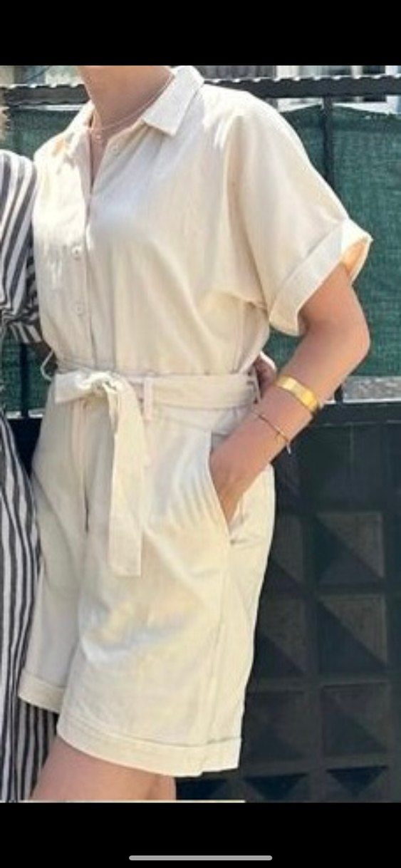 Kadın Bej Kısa Kollu Kemerli Tulum - Görsel 4