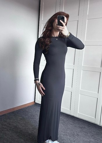 Basic Uzun Kollu Gri Elbise - Görsel 4