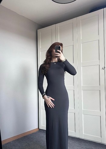 Basic Uzun Kollu Gri Elbise - Görsel 5