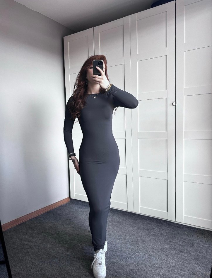 Basic Uzun Kollu Gri Elbise - Görsel 2