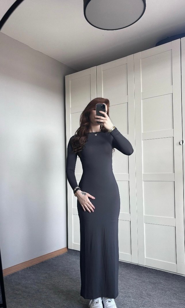 Basic Uzun Kollu Gri Elbise - Görsel 5