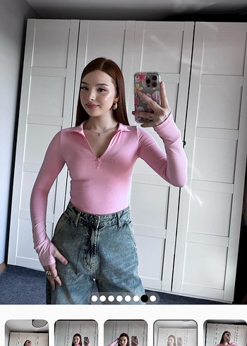 Pembe Yüksek Yakalı fermuarlı Uzun Kollu Crop Top el detaylı - Görsel 4