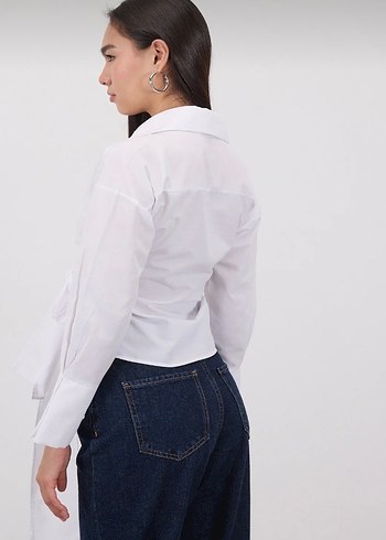 Beyaz V Yaka Uzun Kollu Kadın Gömlek - Görsel 3