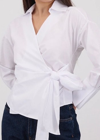 Beyaz V Yaka Uzun Kollu Kadın Gömlek - Görsel 4