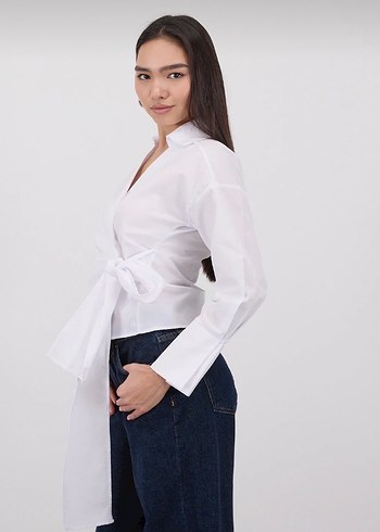 Beyaz V Yaka Uzun Kollu Kadın Gömlek - Görsel 5