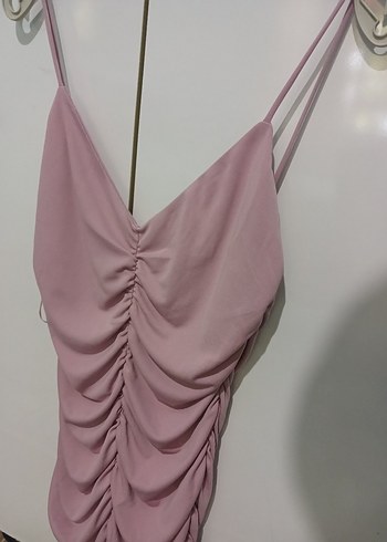 Zara Pembe Drapeli V Yakalı Mini Elbise