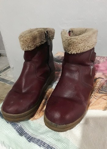 Bordo Deri Kürklü Kadın Dolgu Topuk Bot