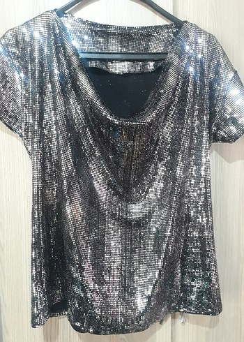 Bershka Gri Payetli V Yakalı Kısa Kollu Bluz