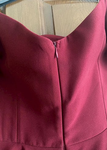 Bordo Mini Straplez Fırfırlı Abiye Elbise - Görsel 7