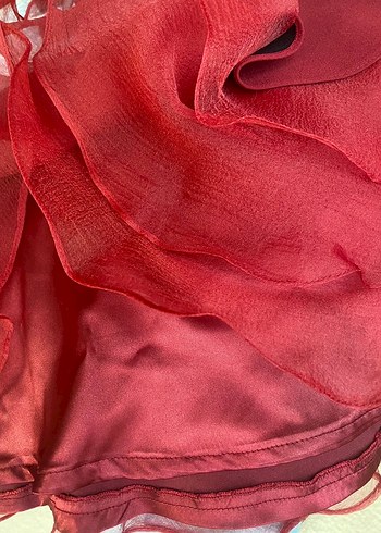 Bordo Mini Straplez Fırfırlı Abiye Elbise - Görsel 6