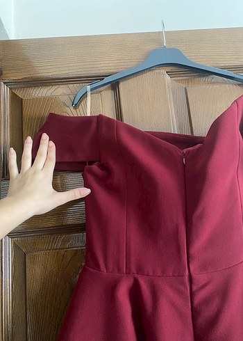 Bordo Mini Straplez Fırfırlı Abiye Elbise - Görsel 4