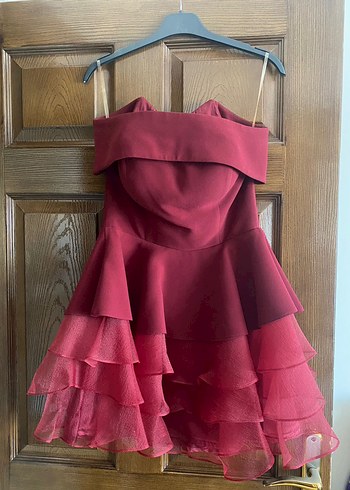 Bordo Mini Straplez Fırfırlı Abiye Elbise - Görsel 2