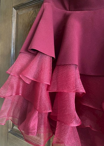 Bordo Mini Straplez Fırfırlı Abiye Elbise - Görsel 5