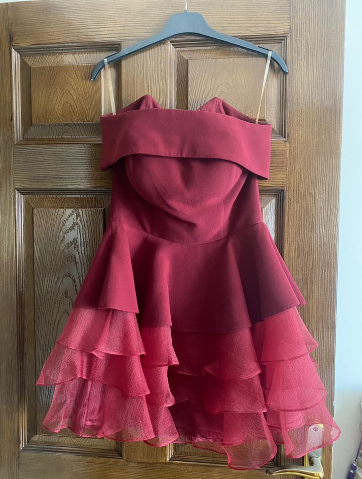 Bordo Mini Straplez Fırfırlı Abiye Elbise - Görsel 2