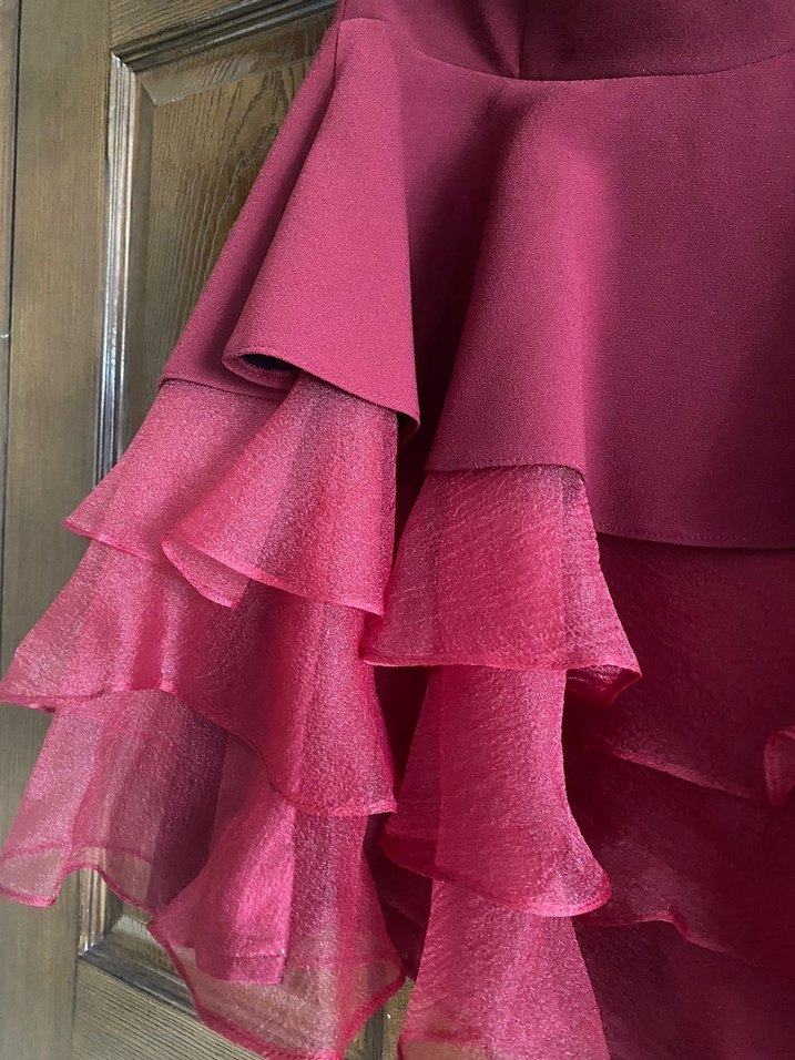 Bordo Mini Straplez Fırfırlı Abiye Elbise - Görsel 5