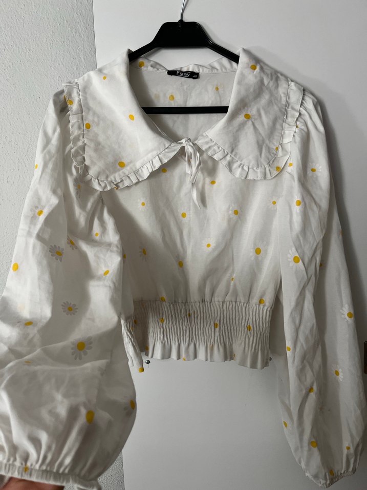 Beyaz Papatya Desenli Fırfırlı Keten Bluz - Görsel 2
