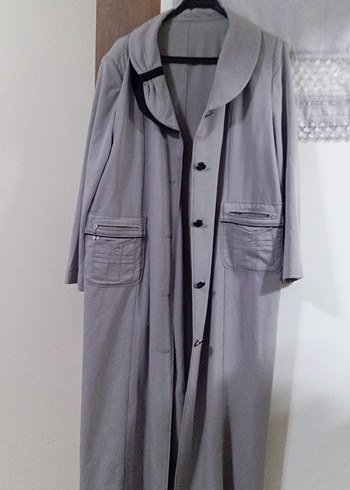 Düğmeli Gri Uzun Kadın Keten Kaban - Görsel 2