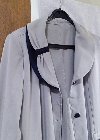 Düğmeli Gri Uzun Kadın Keten Kaban - Görsel 3