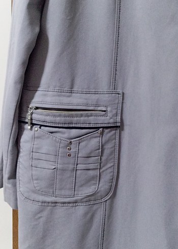 Düğmeli Gri Uzun Kadın Keten Kaban - Görsel 4