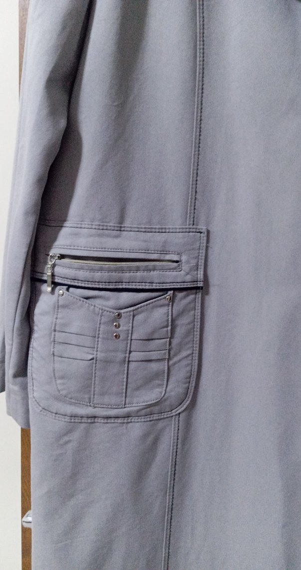 Düğmeli Gri Uzun Kadın Keten Kaban - Görsel 4