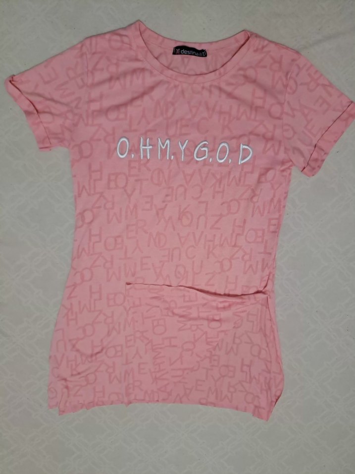 Kızlar için Pembe, Beyaz Baskılı Kısa Kollu Tişört - Görsel 2