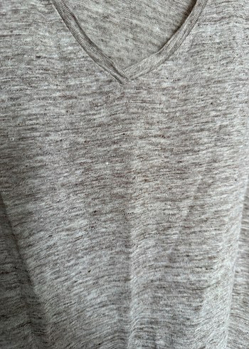 Bej V Yaka Keten Kadın Tişört - Görsel 8