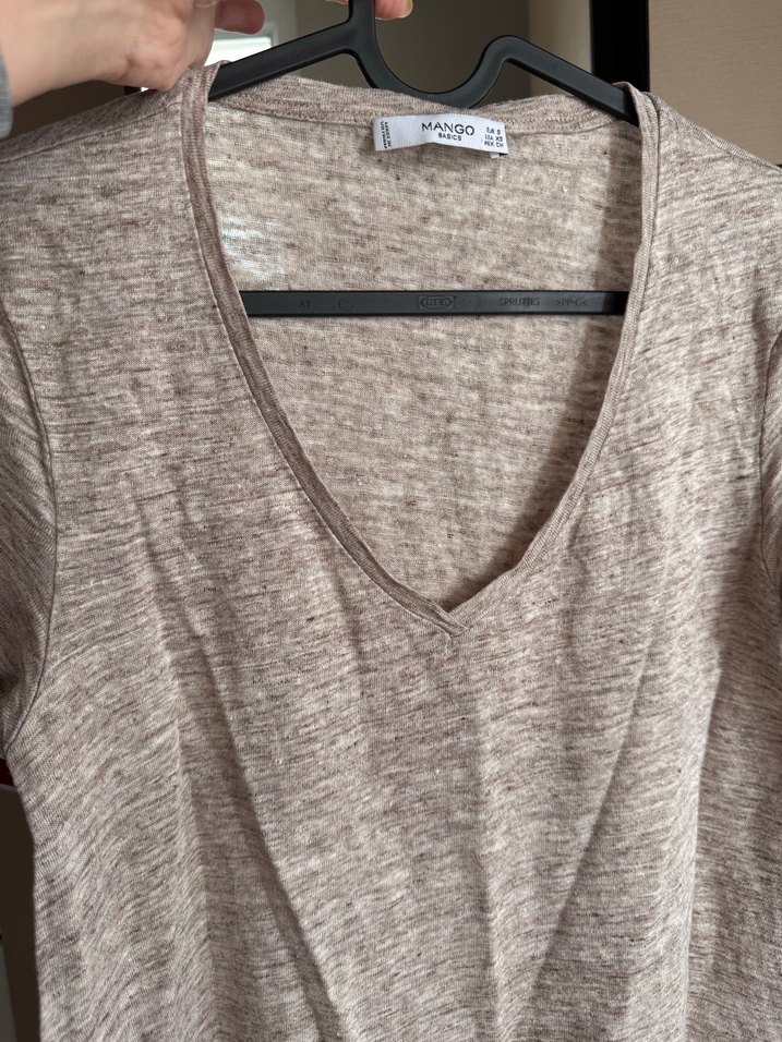 Bej V Yaka Keten Kadın Tişört - Görsel 3