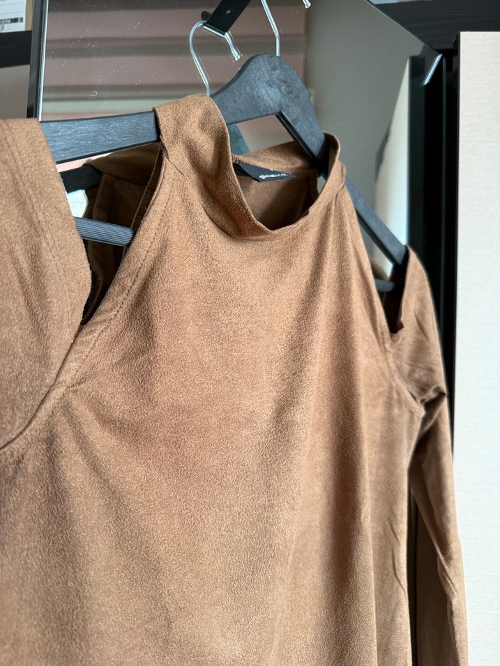 Kahverengi Süet Uzun Kollu Kadın Bluz - Görsel 4