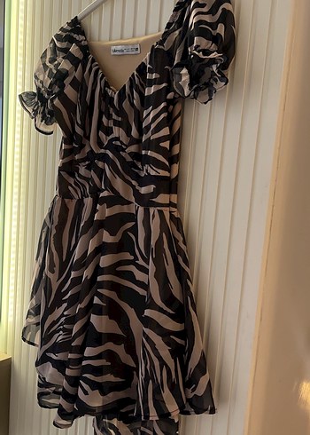 27 Beden kahverengi Renk Kadın Kahverengi Zebra Desenli Mini Elbise
