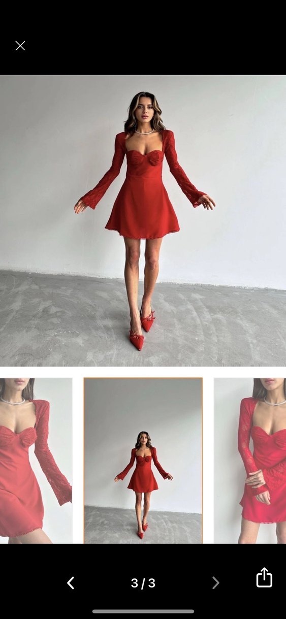 Dantel Detaylı Kırmızı Mini Elbise - Görsel 3