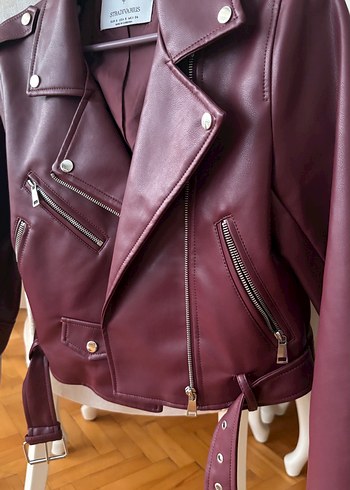 Stradivarius Bordo Deri Biker Ceket - Görsel 2