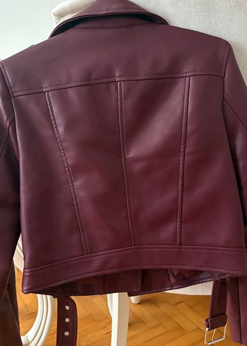Stradivarius Bordo Deri Biker Ceket - Görsel 5
