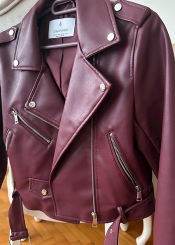 Stradivarius Bordo Deri Biker Ceket - Görsel 3