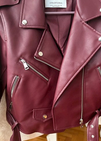 Stradivarius Bordo Deri Biker Ceket - Görsel 4