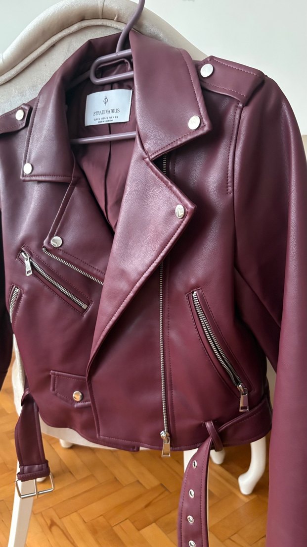 Stradivarius Bordo Deri Biker Ceket - Görsel 3