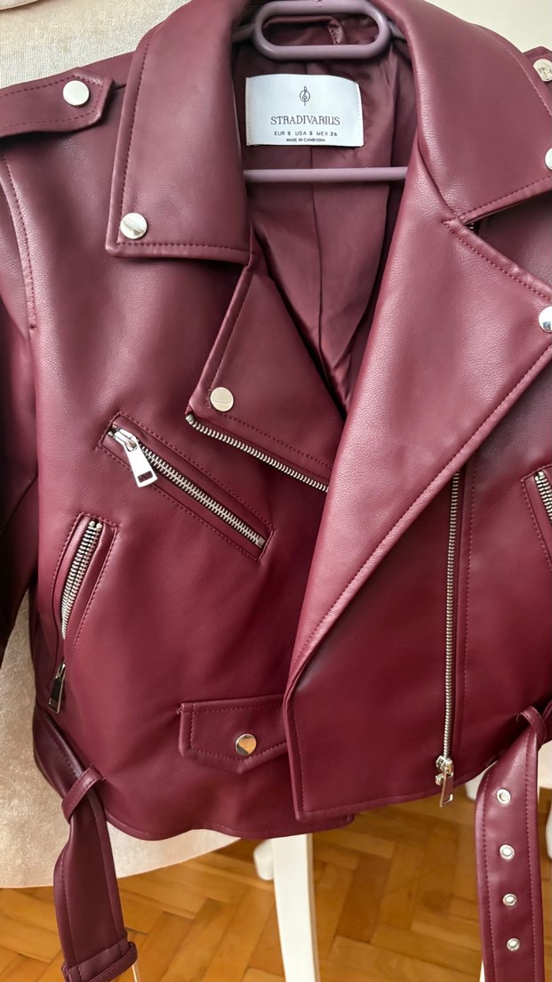 Stradivarius Bordo Deri Biker Ceket - Görsel 4