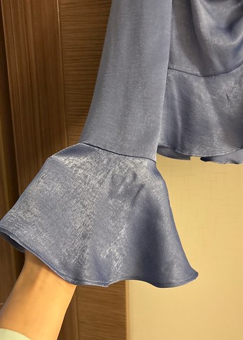 V Yaka Mavi Mini Bluz, Uzun Kollu, Salaş - Görsel 3