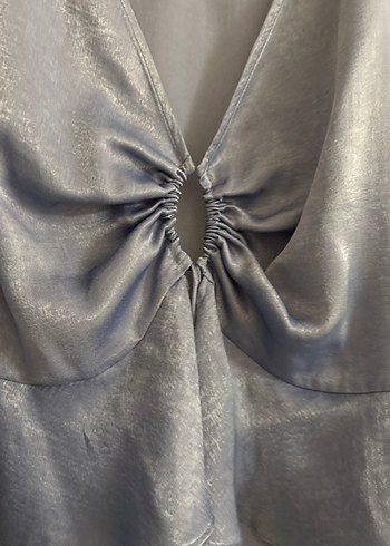 V Yaka Mavi Mini Bluz, Uzun Kollu, Salaş - Görsel 2