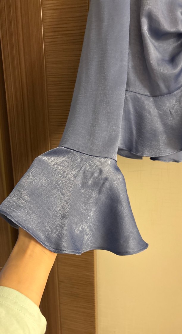 V Yaka Mavi Mini Bluz, Uzun Kollu, Salaş - Görsel 3