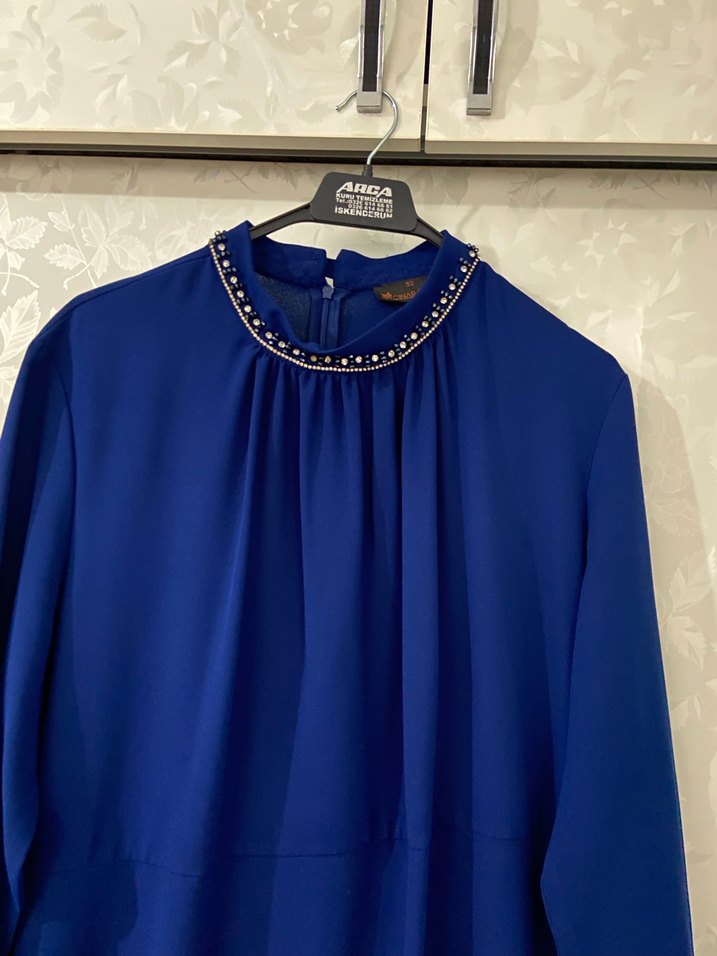 Mavi Uzun Kollu Drapeli Kadın Bluz - Görsel 2