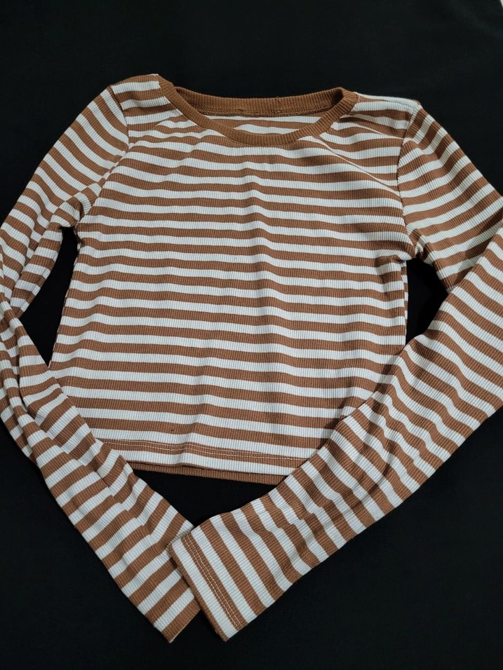 Bej Çizgili Uzun Kollu Kadın Tişört - Görsel 2