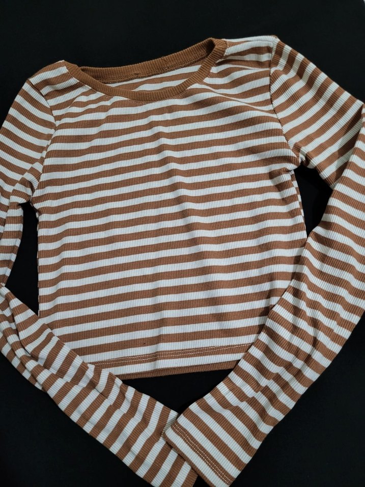 Bej Çizgili Uzun Kollu Kadın Tişört - Görsel 3