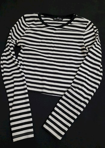 Kadın Siyah Beyaz Çizgili Uzun Kollu Tişört - Görsel 3