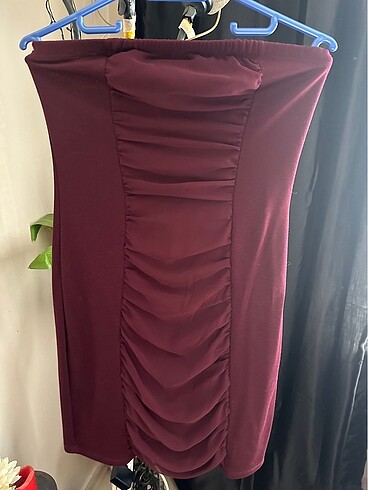 Straplez elbise bordo renk 36