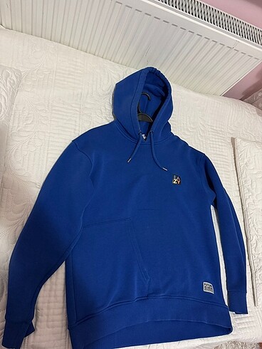 Oversize saks mavisi kapüşonlu sweatshirt