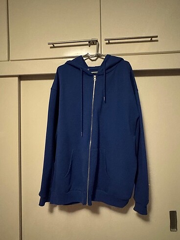 Diğer Oversize saks mavisi kapüşonlu hırka