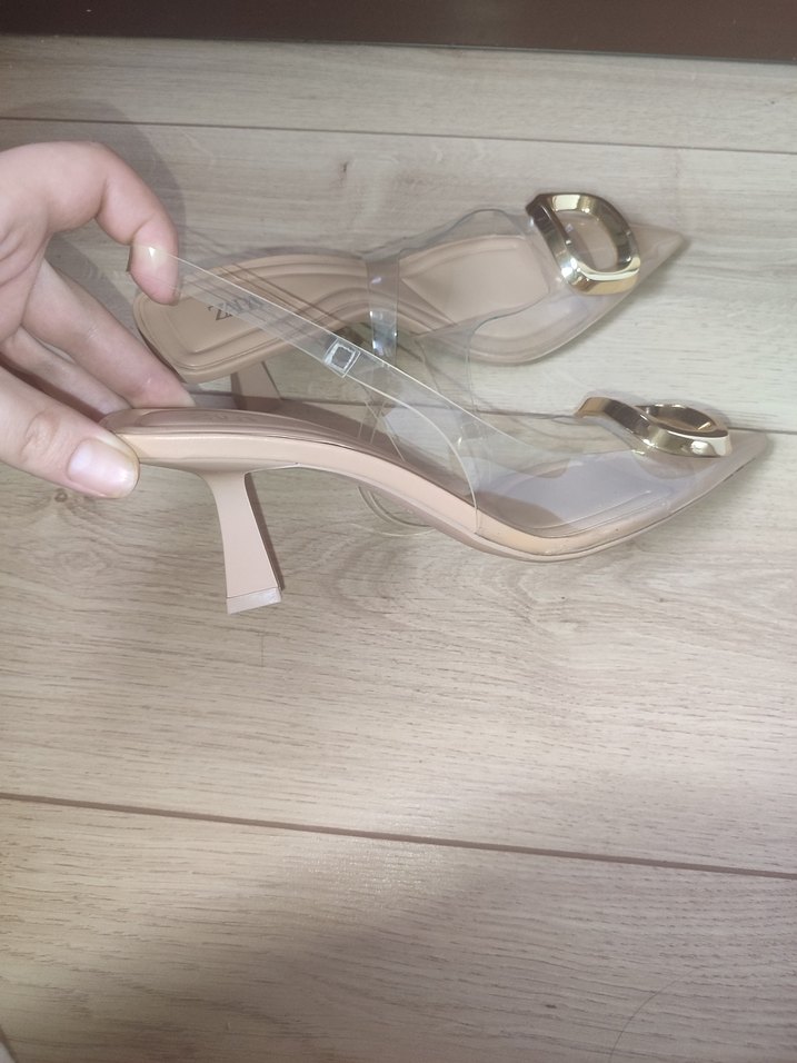 Bej Şeffaf Tokalı küçük Topuklu Kadın Ayakkabı - Görsel 4