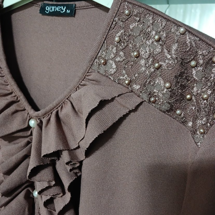 Bej Kadın Fırfırlı Uzun Kollu Bluz - Görsel 5