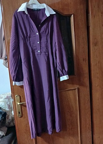 Düğmeli Uzun Mor Keten Elbise - Görsel 6